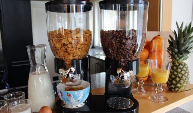 colazione singolo arancione chicchi di caff/è bianco singolo Distributore di cereali in plastica bianca trasparente per alimenti per animali domestici